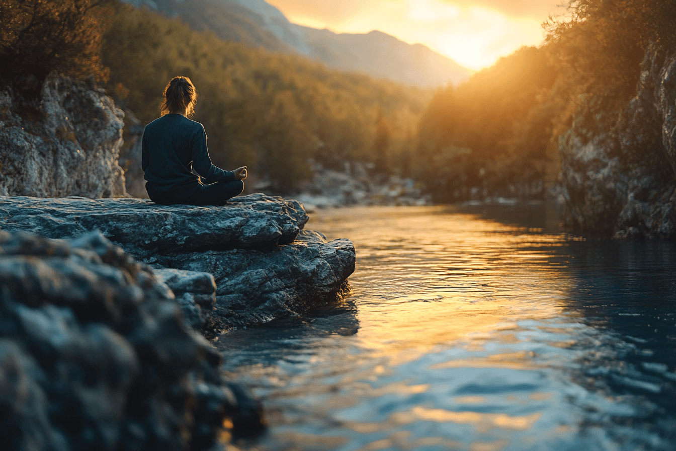 A person sits cross-legged on a rock by a flowing river, practicing meditation in a peaceful natural setting.