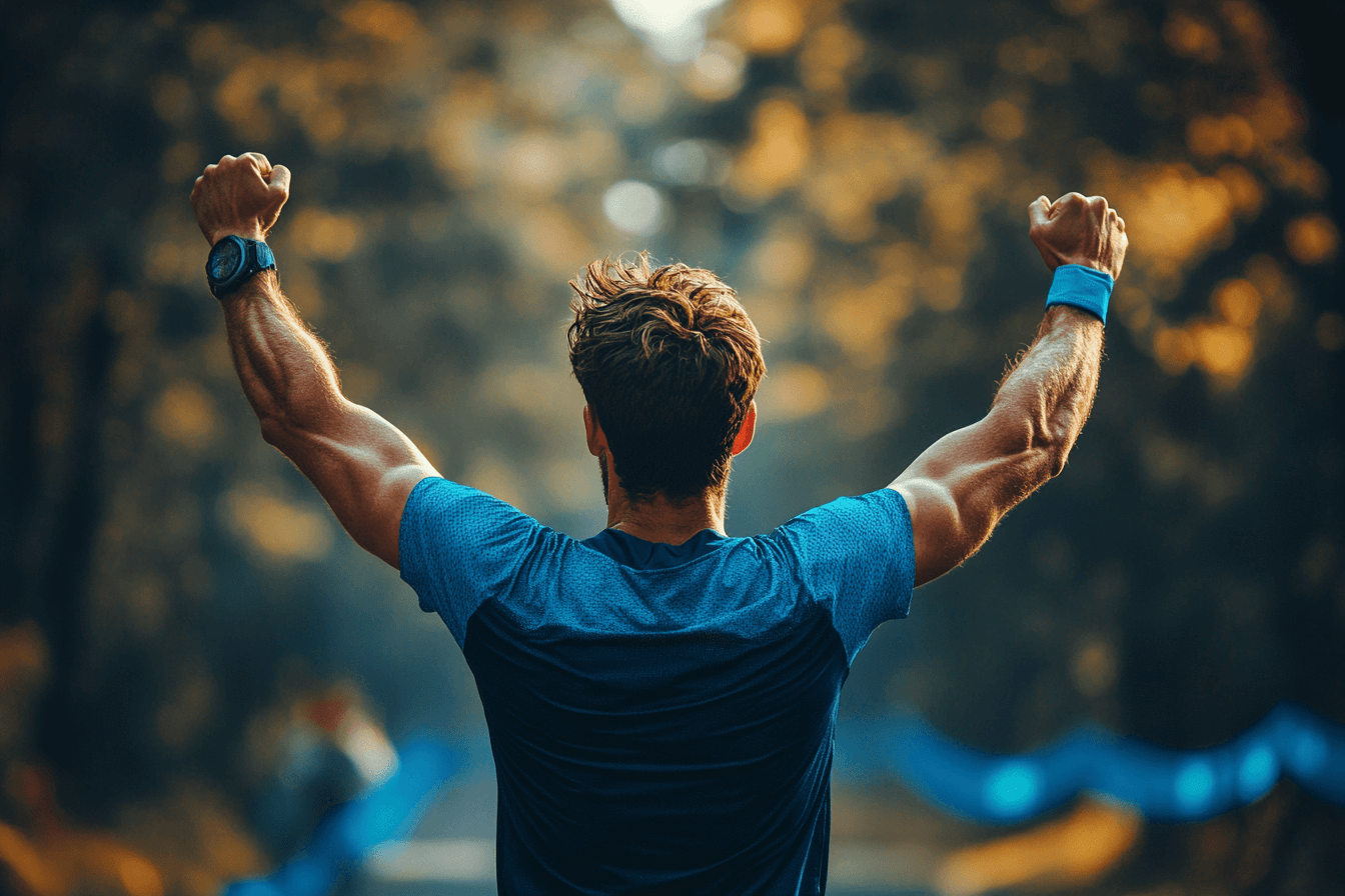 A man lifts his arms in triumph after finishing a run, expressing happiness and victory.