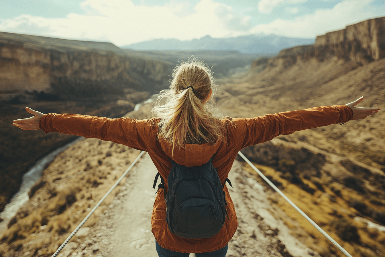 Woman with a backpack stands on a bridge, gazing at a beautiful valley below.