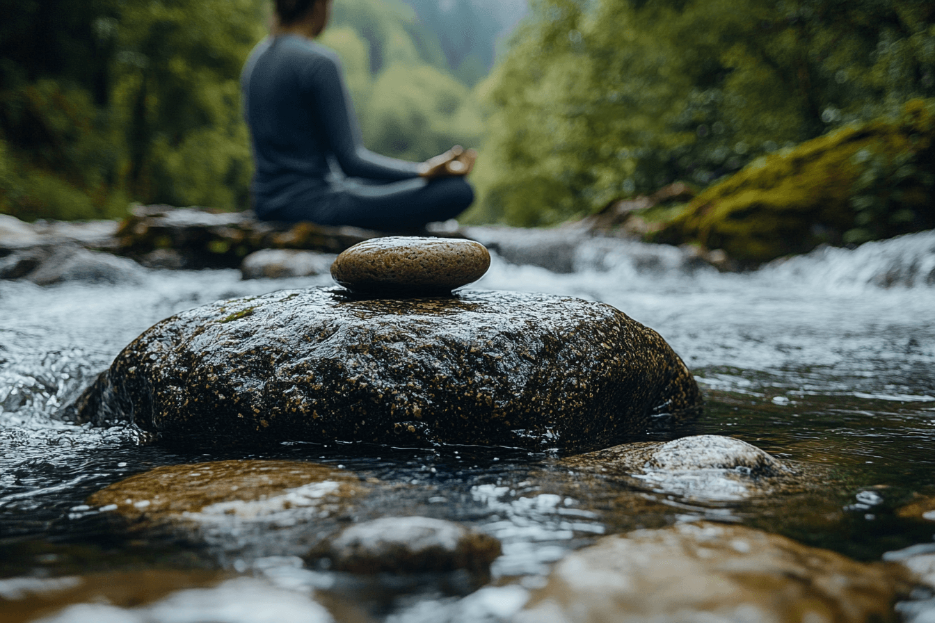 A person meditates on a rock by a stream, enjoying the calmness of the water and the beauty of the natural surroundings.