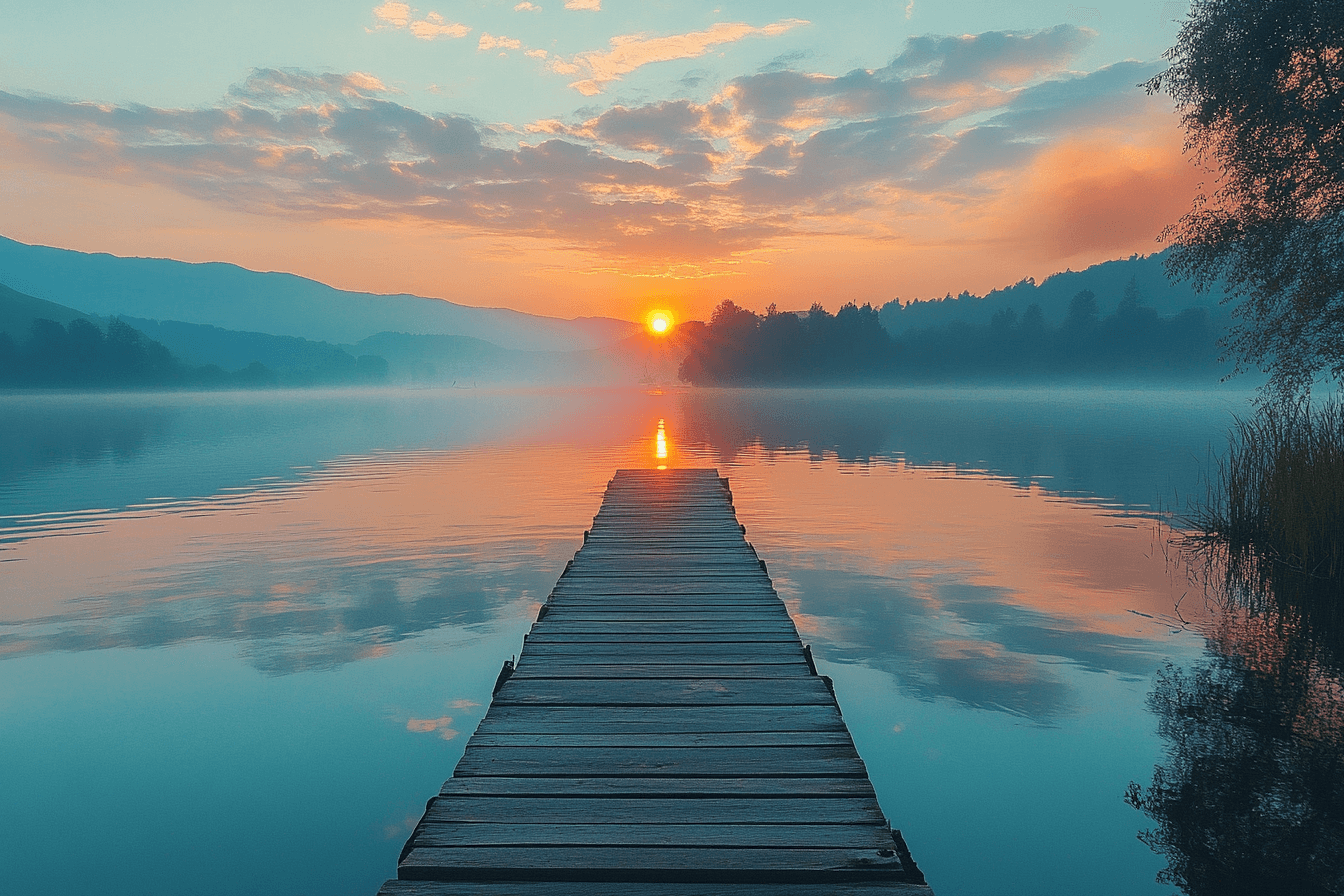 Sunrise casts a golden glow on a wooden dock reaching into serene waters.