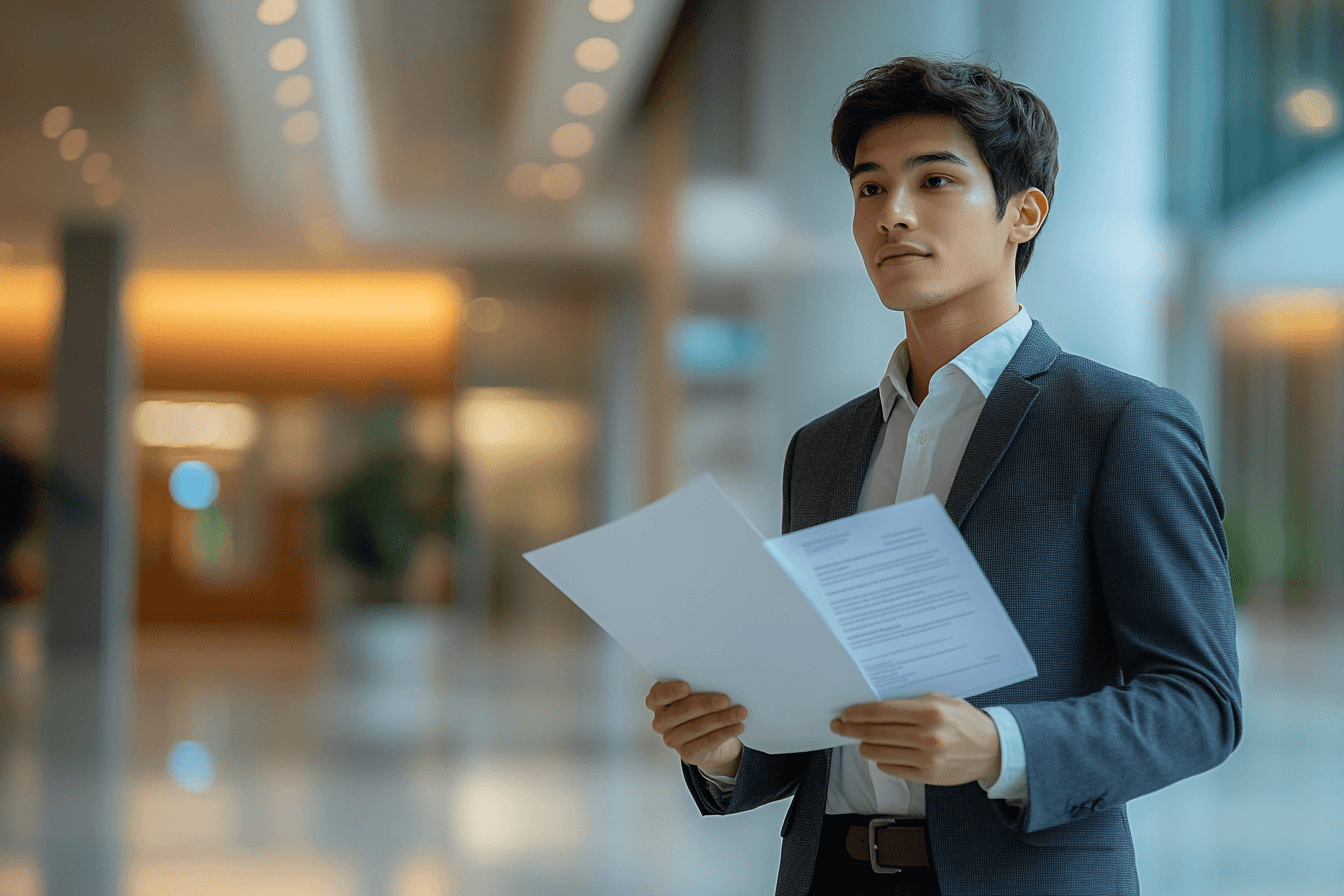 Young Asian man in a suit, confidently holding a piece of paper in his hand.