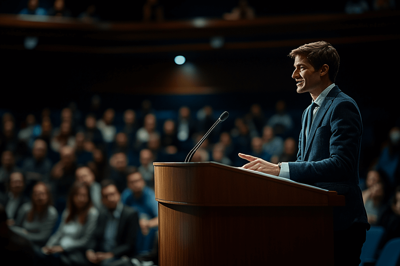 A man in a suit stands at a podium, confidently delivering a speech to an audience.