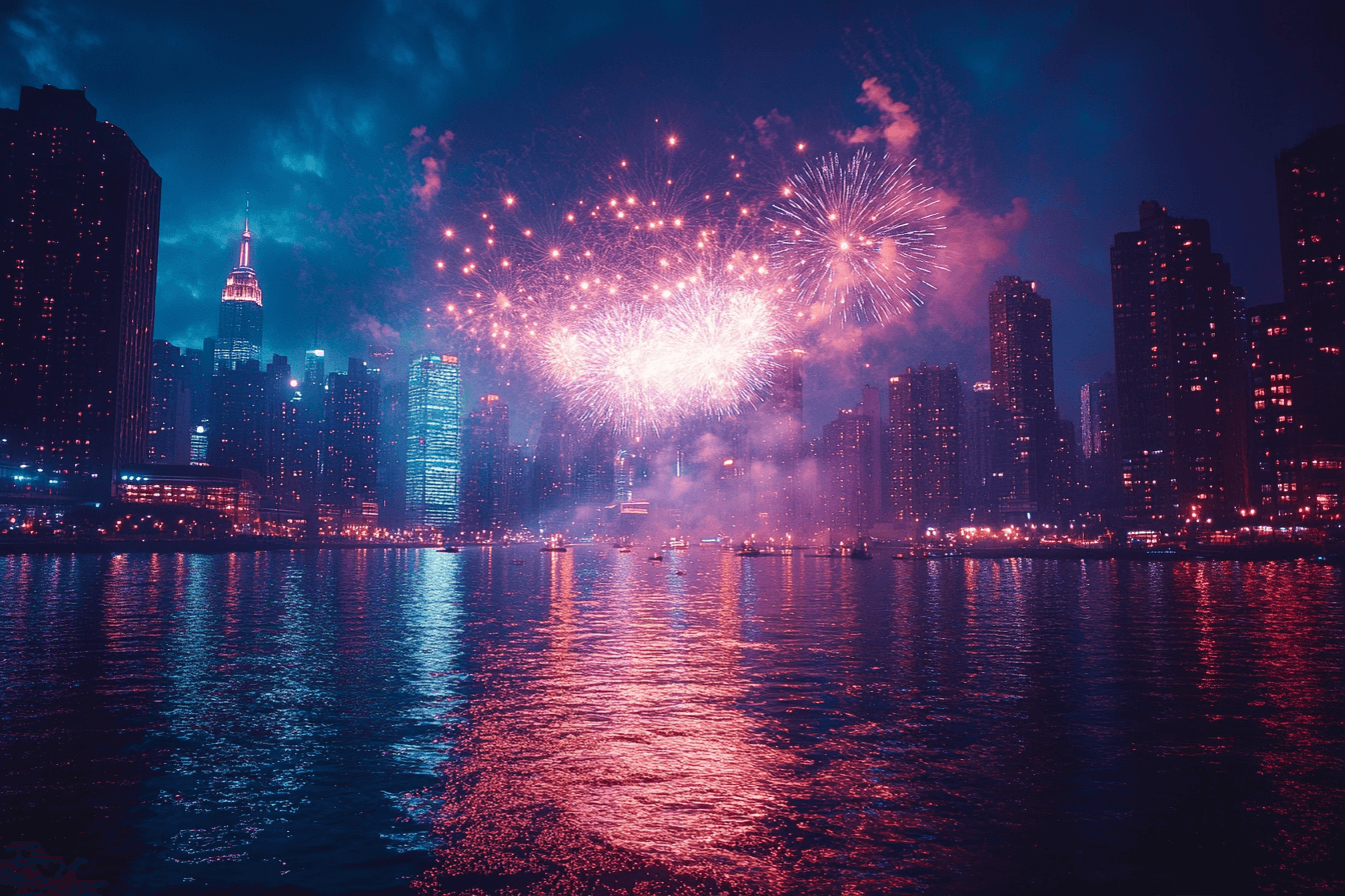 Bright fireworks explode above a city skyline at night.