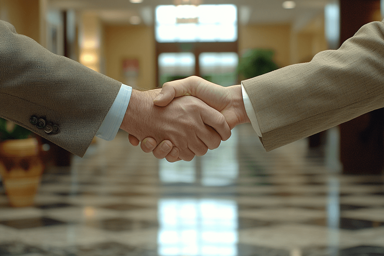 A handshake between two individuals in a lobby, representing a successful meeting or partnership.