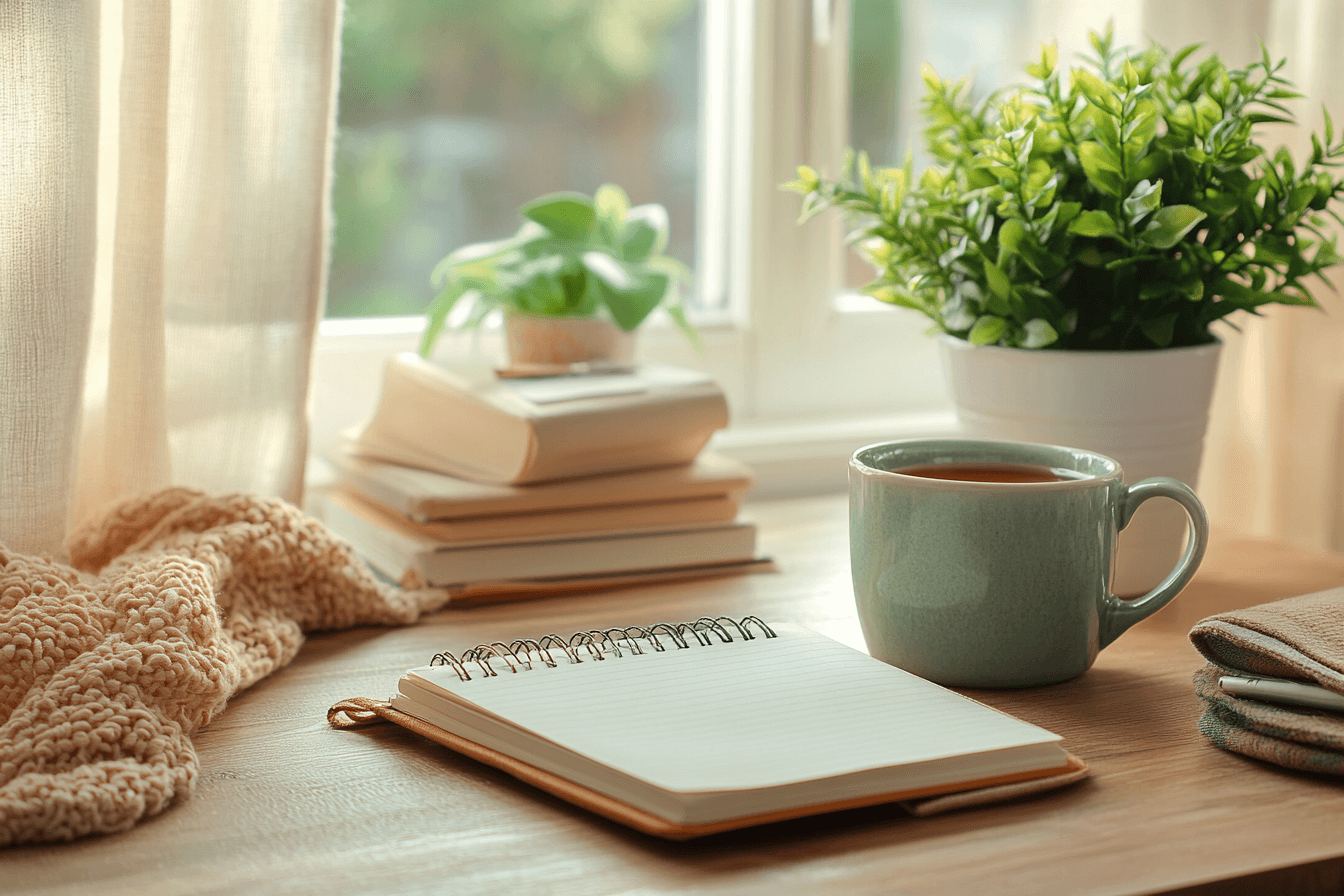 A cozy scene featuring a notebook, a cup of coffee, and a plant on a rustic wooden table.