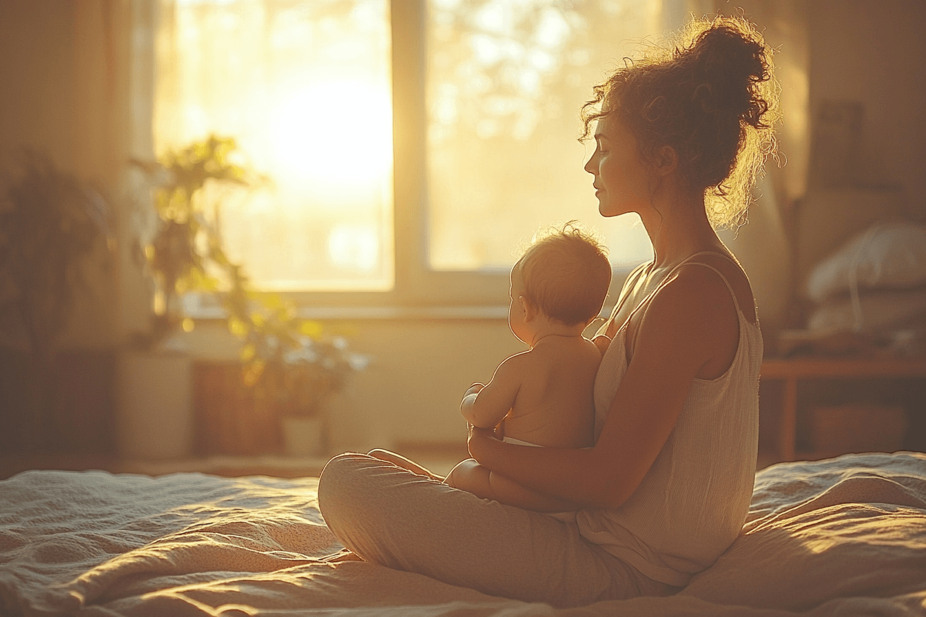 A woman sits on a bed, gently holding her baby in her arms, both looking peaceful and content.