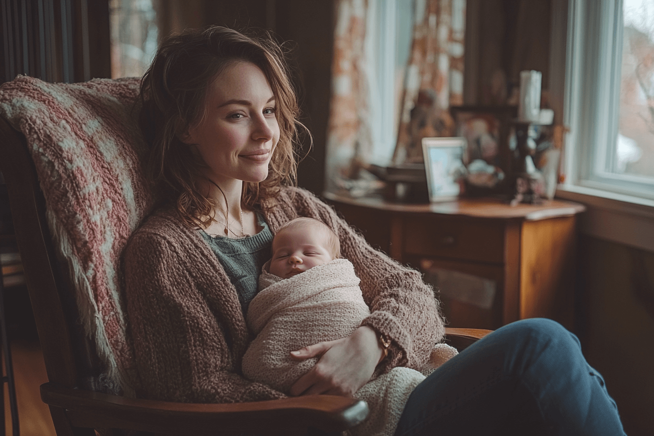 A mother lovingly holds her newborn in a rocking chair.