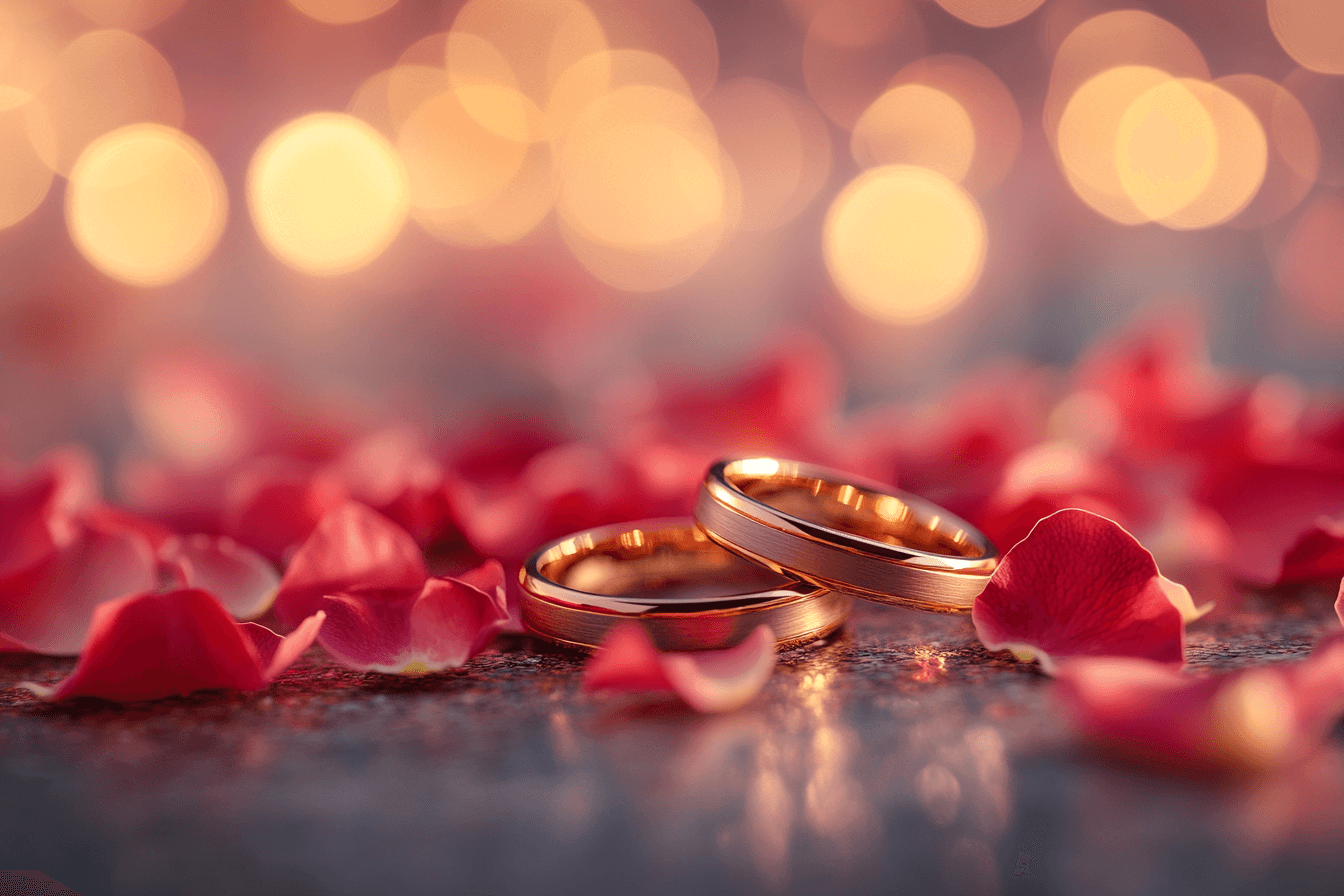 Close-up of two wedding rings placed on a table with scattered red petals around them.