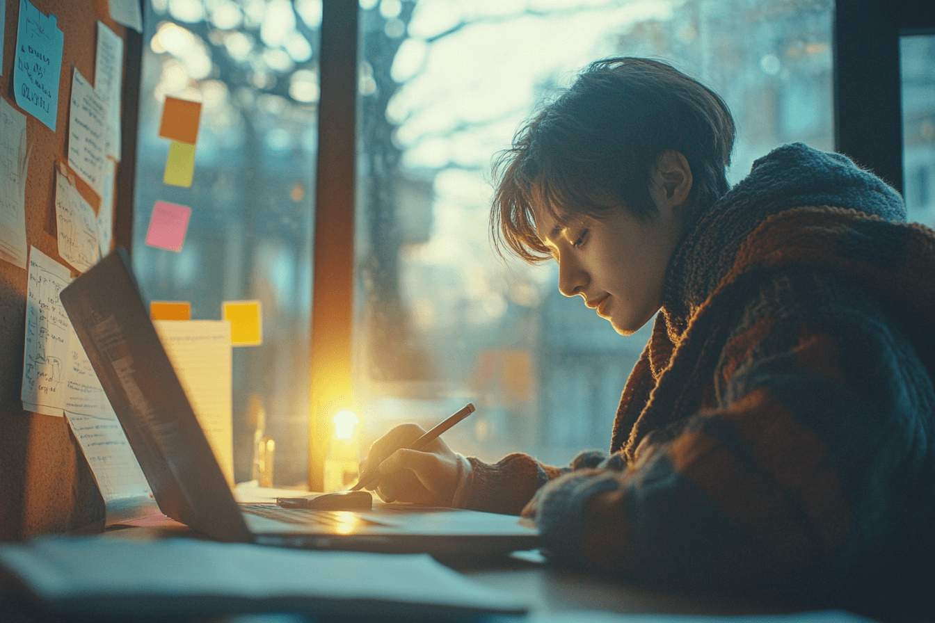 A young man sits at a desk, focused on his laptop, surrounded by books and a cup of coffee.