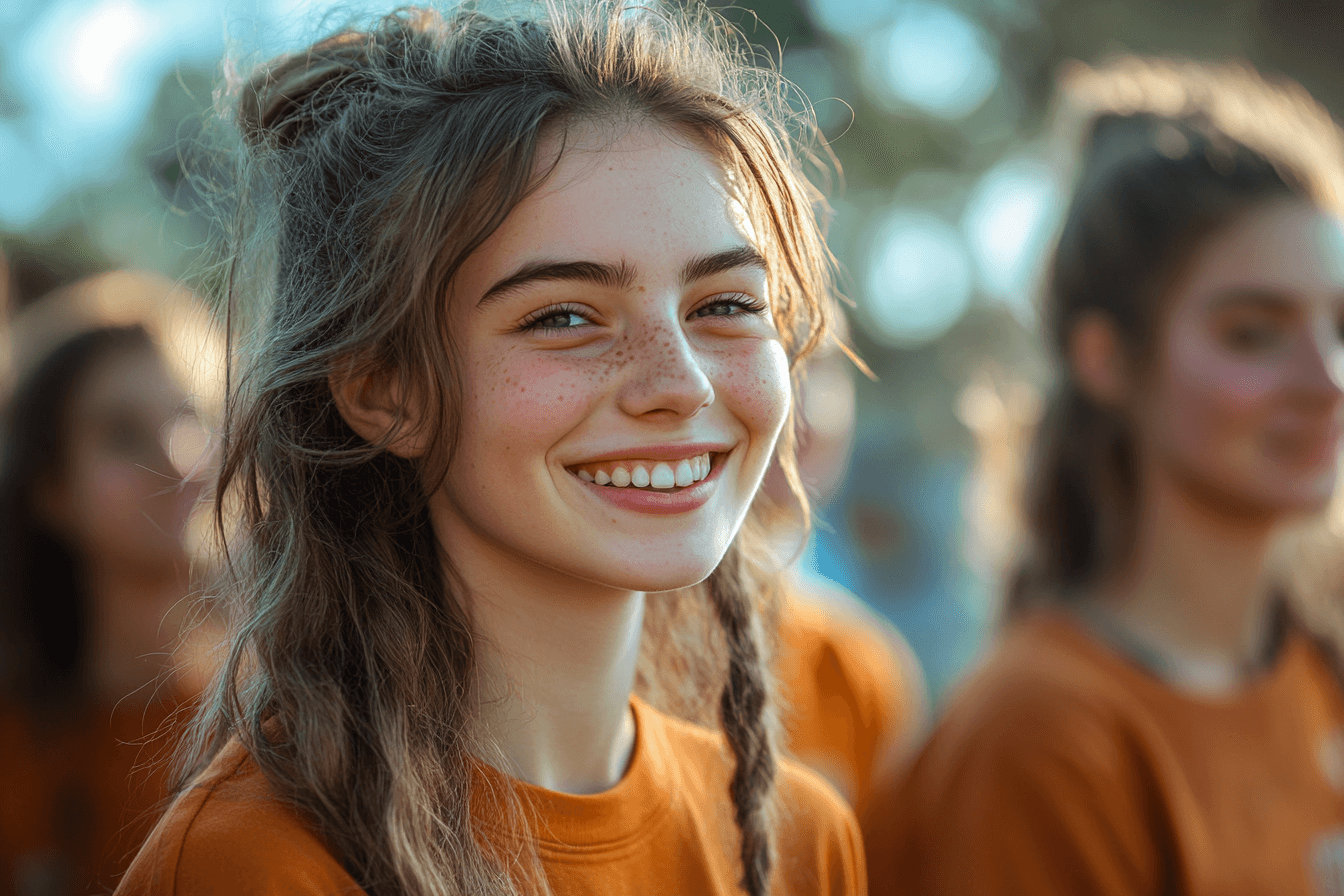 A girl with braids wearing an orange shirt smiles brightly in a sunny outdoor setting.