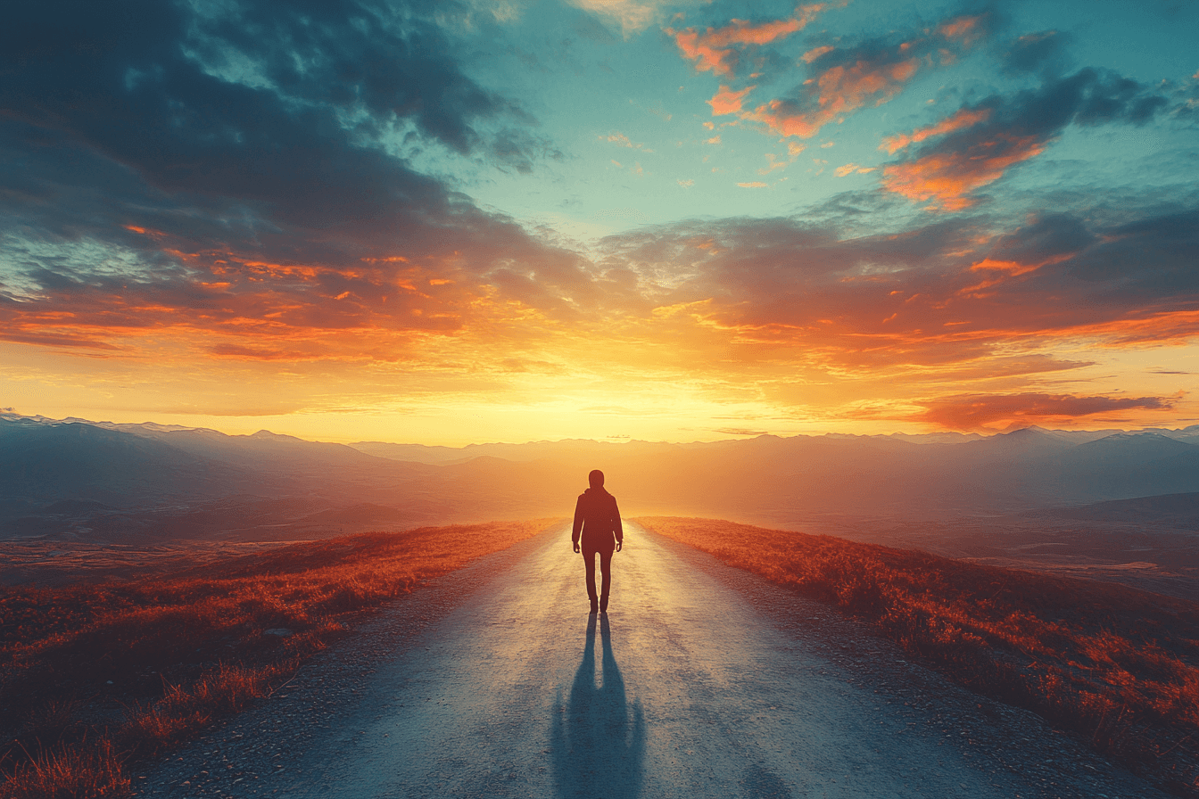 A man is on a road during sunset, with colorful skies creating a peaceful and reflective atmosphere around him.