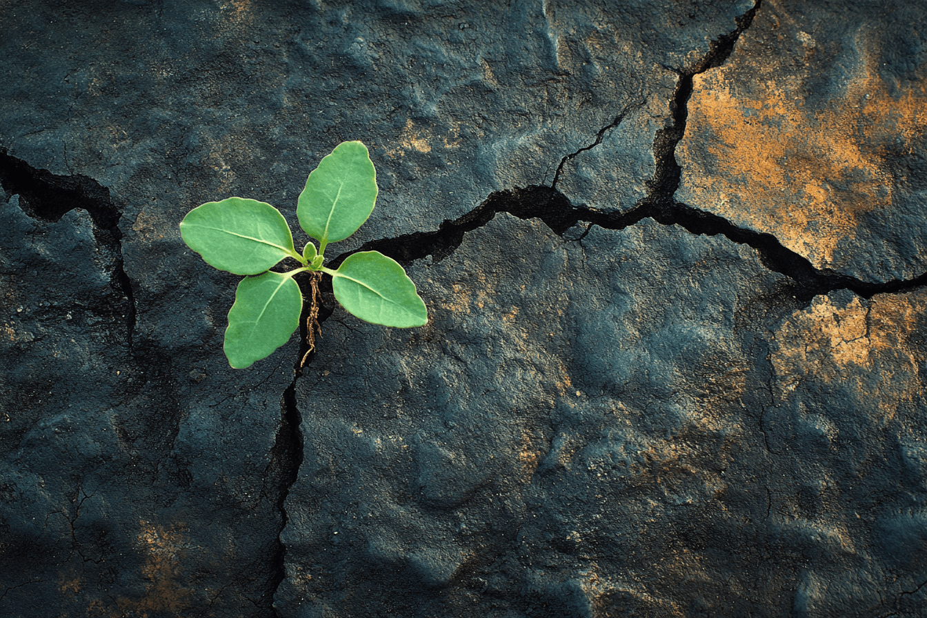 A resilient plant emerges from cracks in a dry, cracked surface