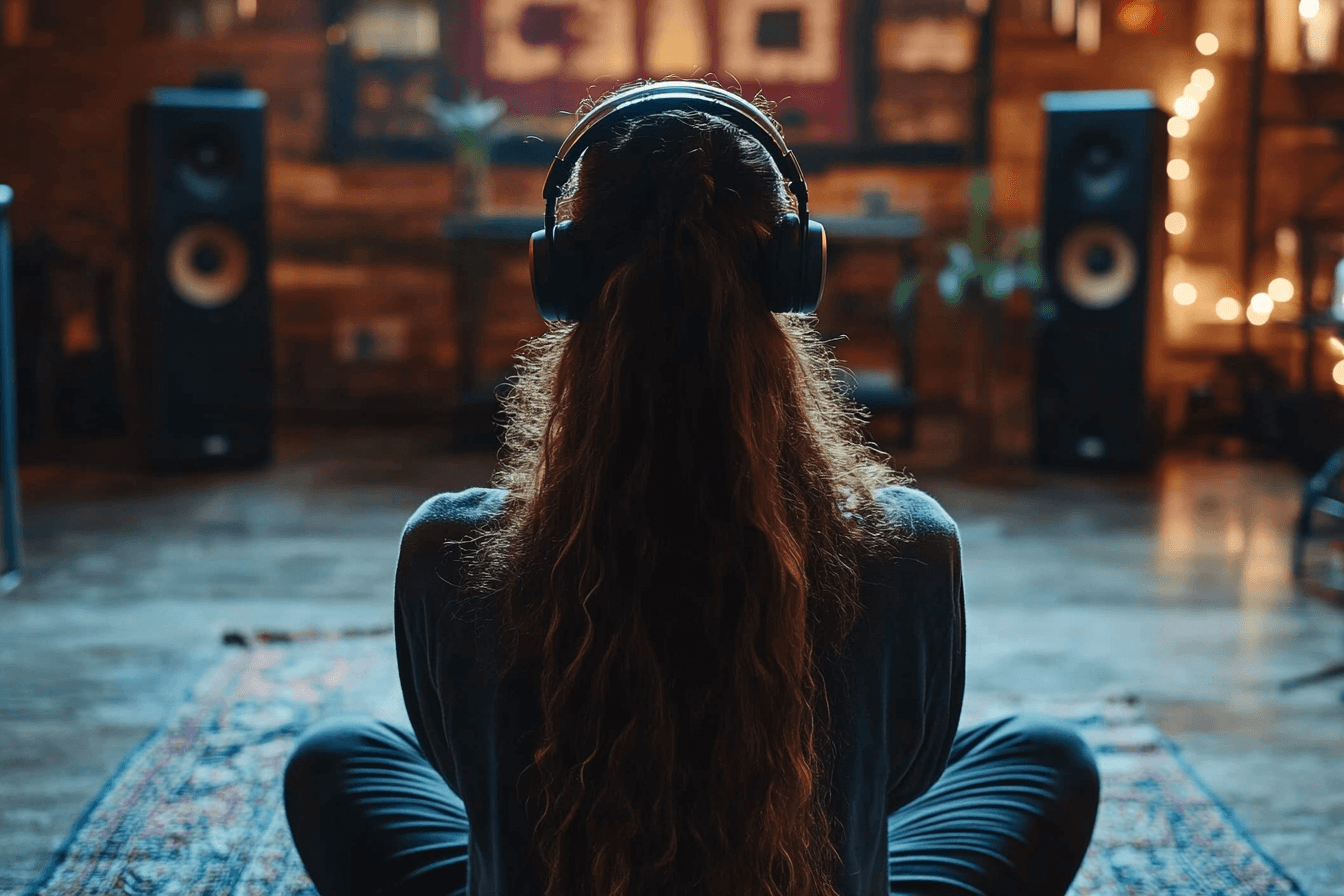 A woman sits on the floor, wearing headphones, enjoying music or a podcast in a relaxed setting.