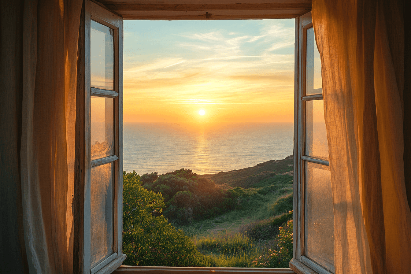 A window with open curtains reveals a stunning ocean view at sunset, with vibrant colors filling the sky.