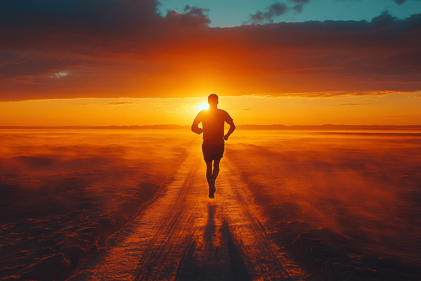 A man runs along a road as the sun sets, casting a warm glow over the scene.