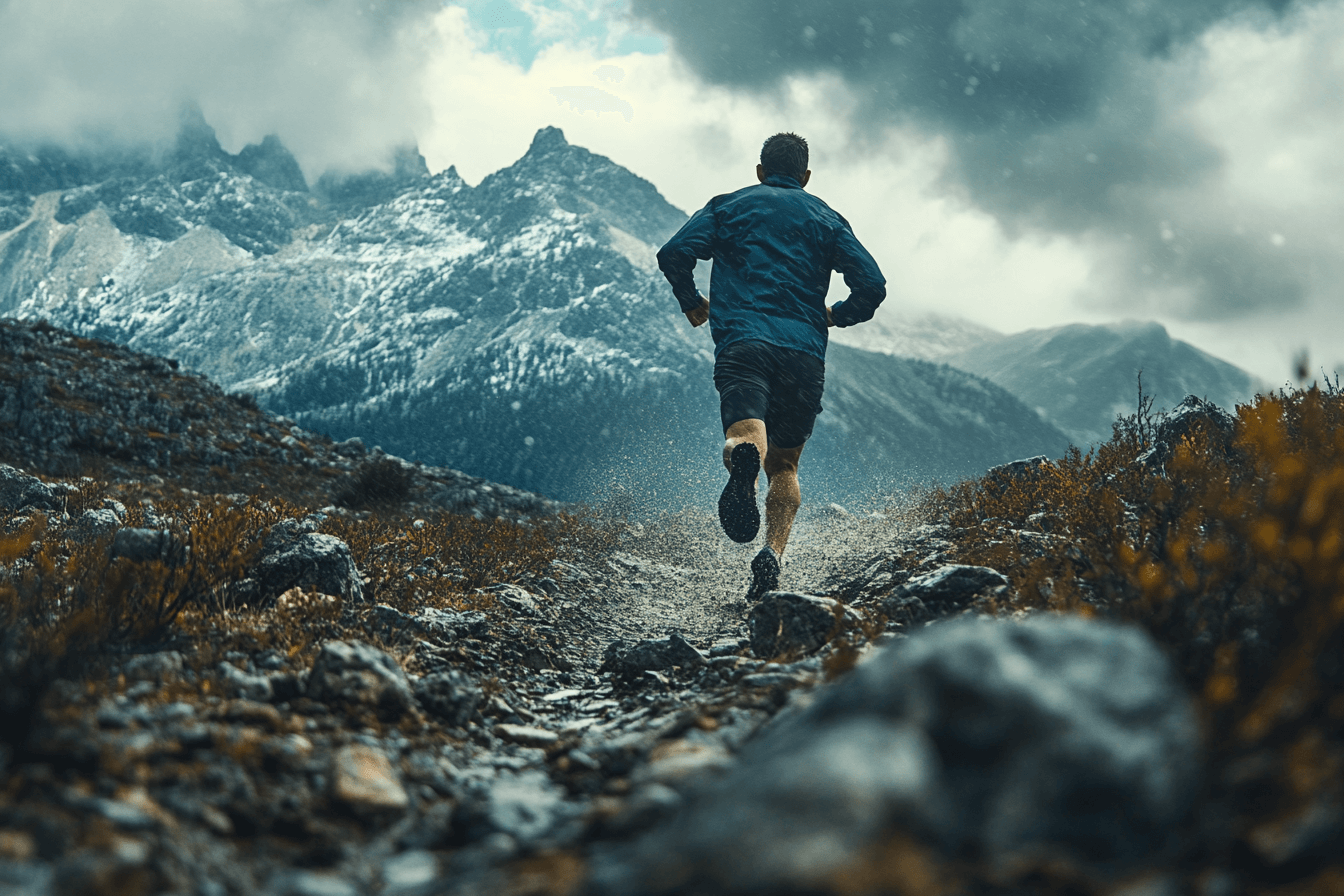 A man is jogging on a scenic mountain trail, with lush greenery and rugged peaks in the background.