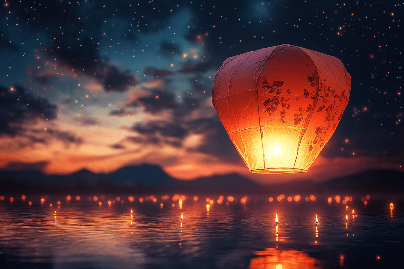 A serene night scene with a paper lantern gently drifting on the water's surface.