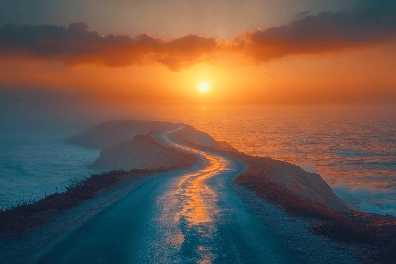 A serene road stretches towards the ocean, bathed in warm colors of a sunset sky.