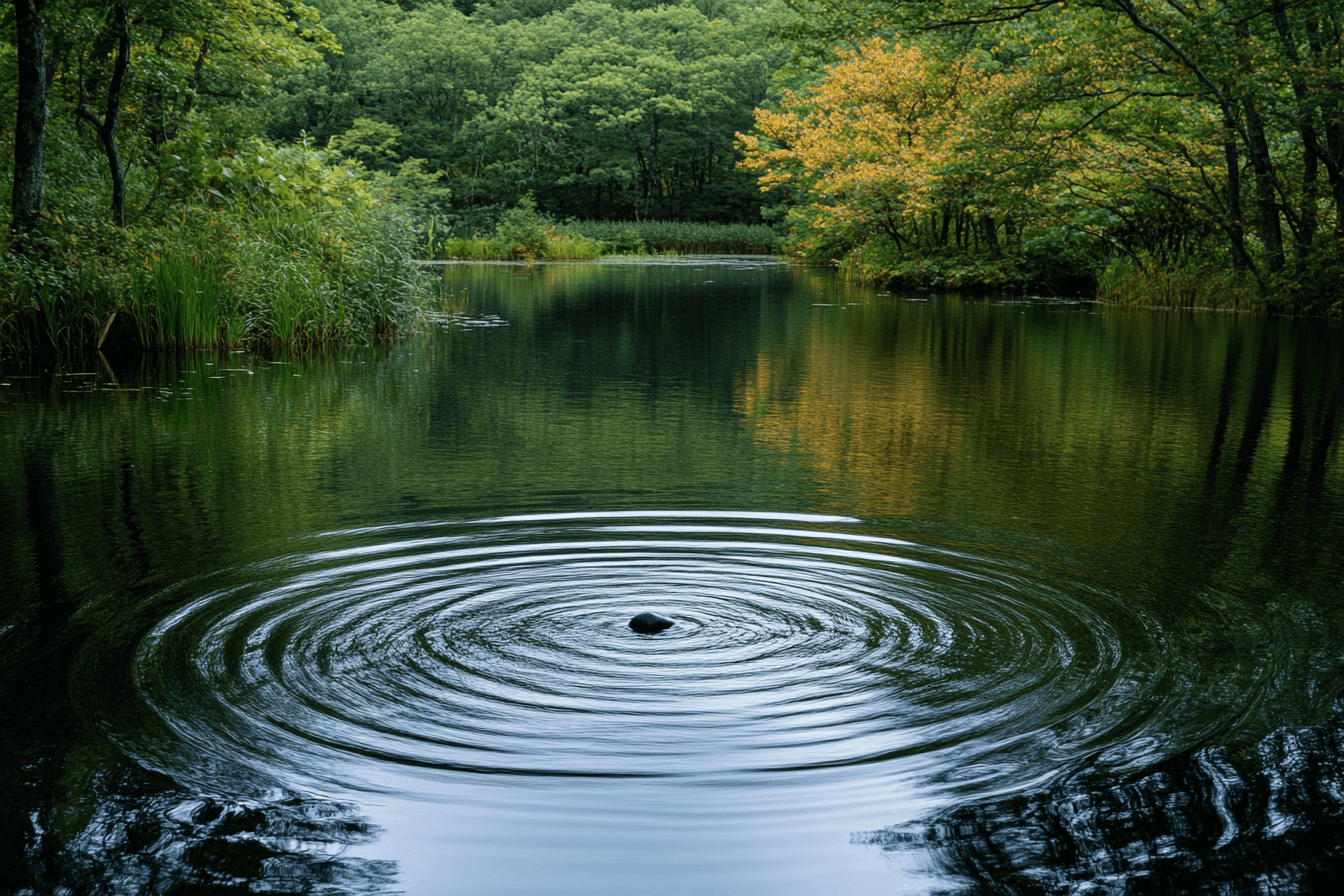 A serene pond with gentle ripples on the water's surface, reflecting the surrounding nature.