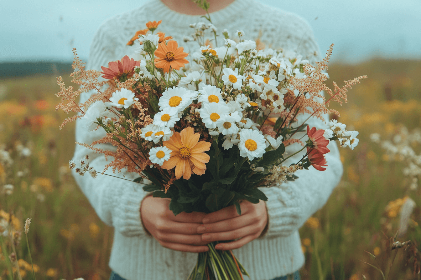 A person in a field holds a bouquet of flowers, with lush greenery and a clear sky in the background.