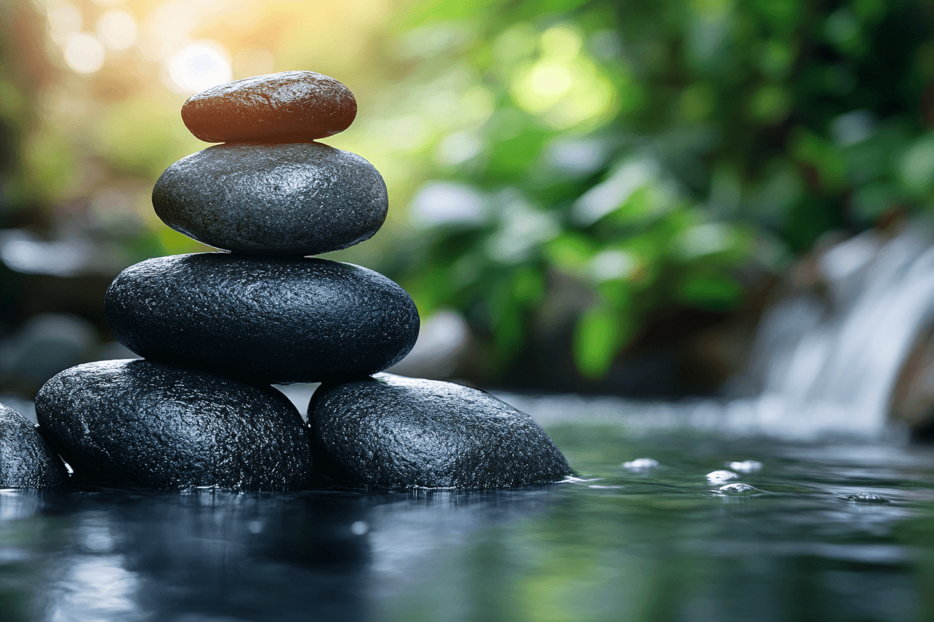  A peaceful scene featuring a stone stack in water, complemented by a flowing waterfall nearby.