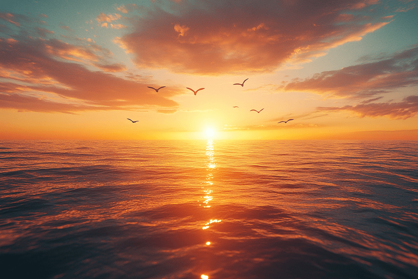 Sea birds soar above the ocean, silhouetted against a vibrant sunset sky.