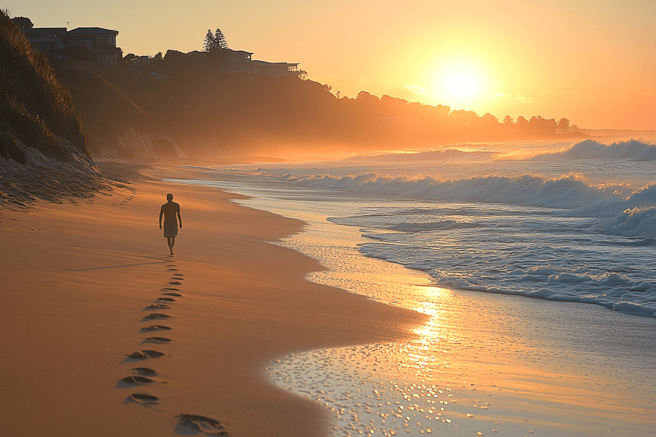 A silhouette of a person walks on the beach as the sun sets, casting warm colors across the sky.