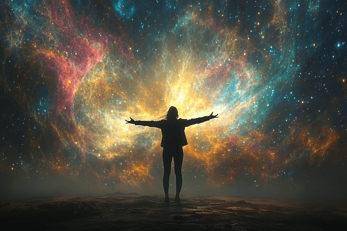 A person stands with arms outstretched, gazing at a vibrant galaxy filled with stars and cosmic colors.