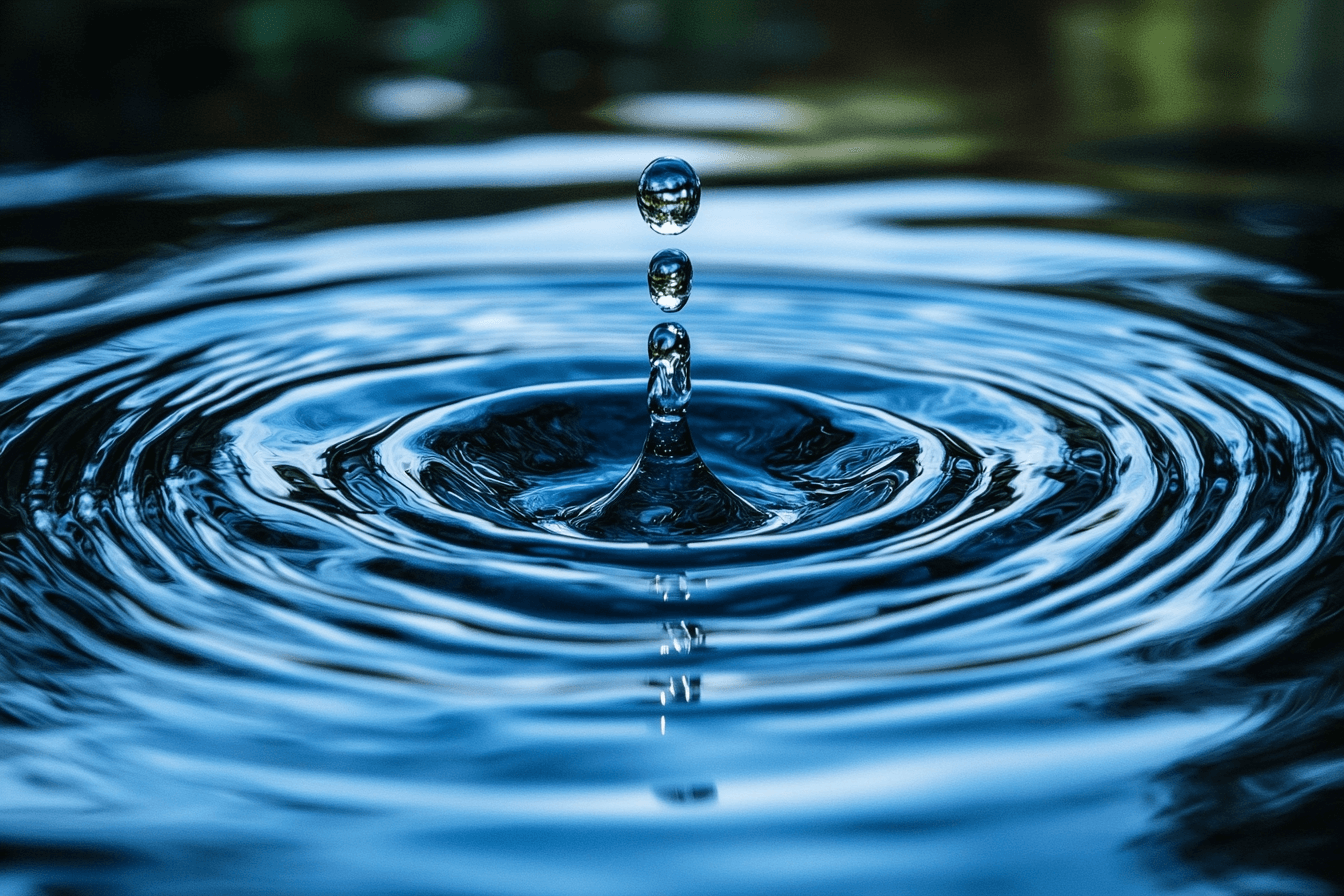 A single water droplet falling and causing ripples in a calm body of water, illustrating the effect of impact.