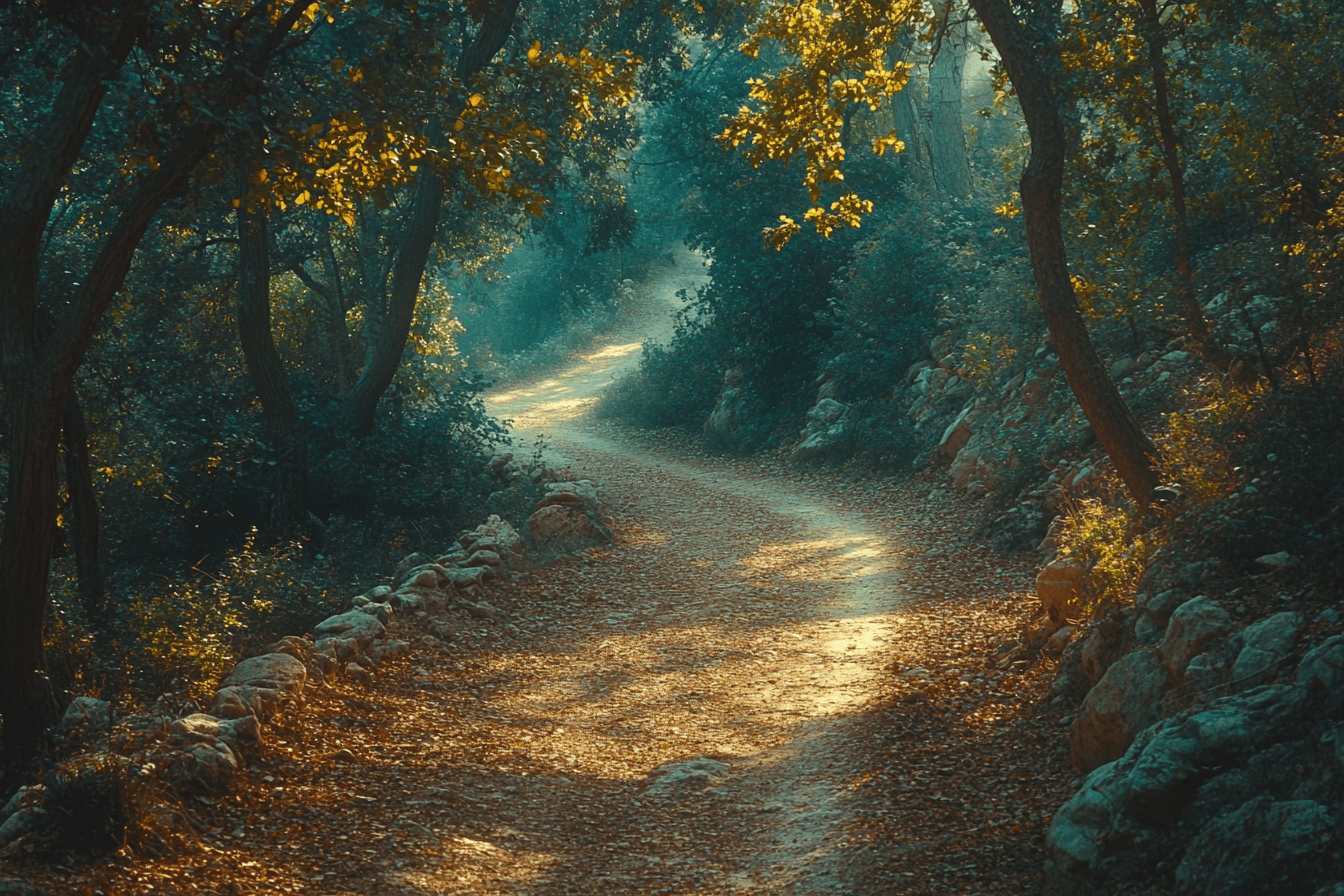 A serene path winding through a forest, surrounded by tall trees and scattered rocks.