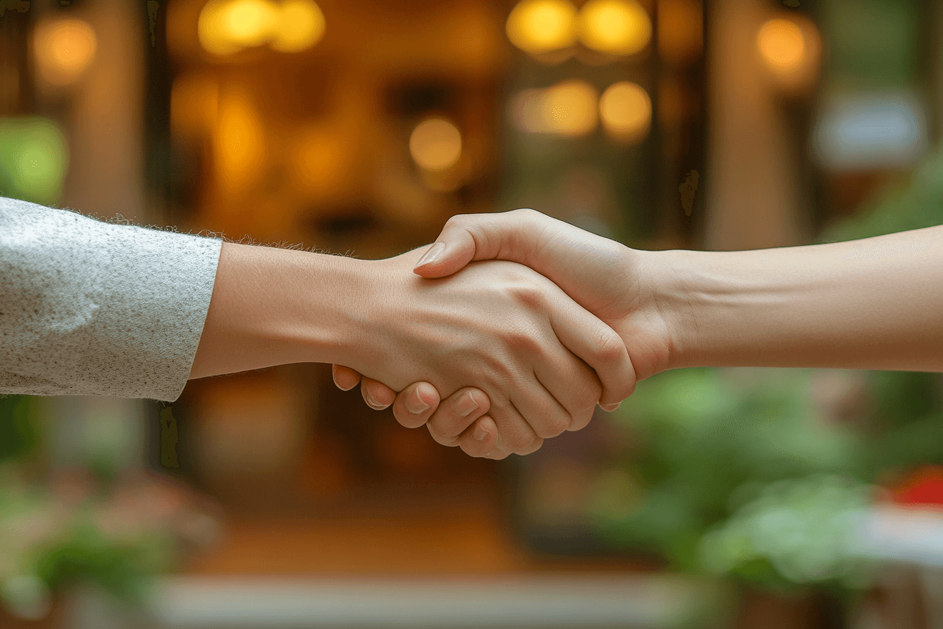 Two people greet each other with a handshake outside , showcasing a moment of connection.