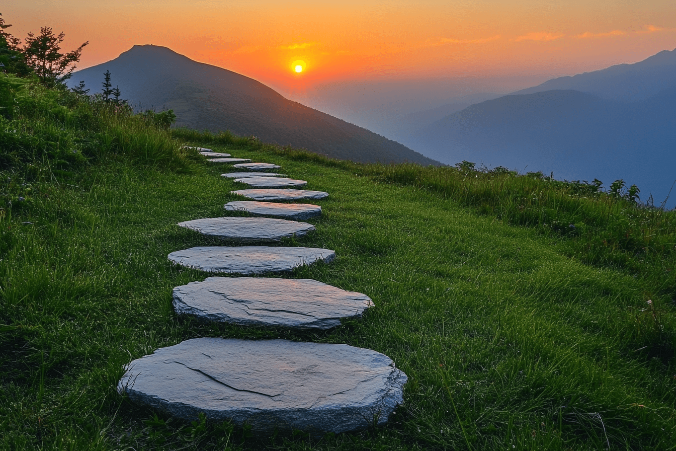 A serene sunset casts a golden glow on stepping stones winding up a grassy hill,