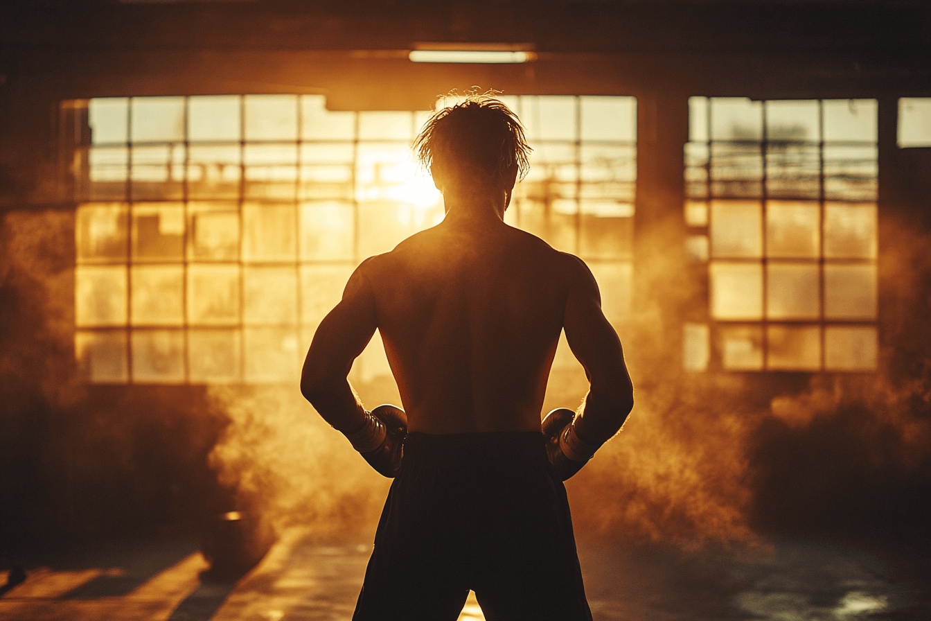 A lone athlete training at sunrise boxing in a dimly lit gym