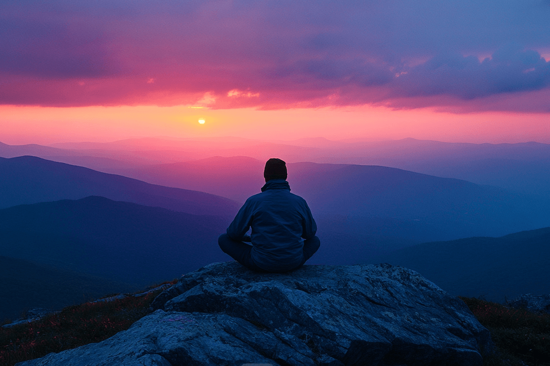 A man sits on a mountain peak, enjoying a beautiful sunset with vibrant colors in the sky.