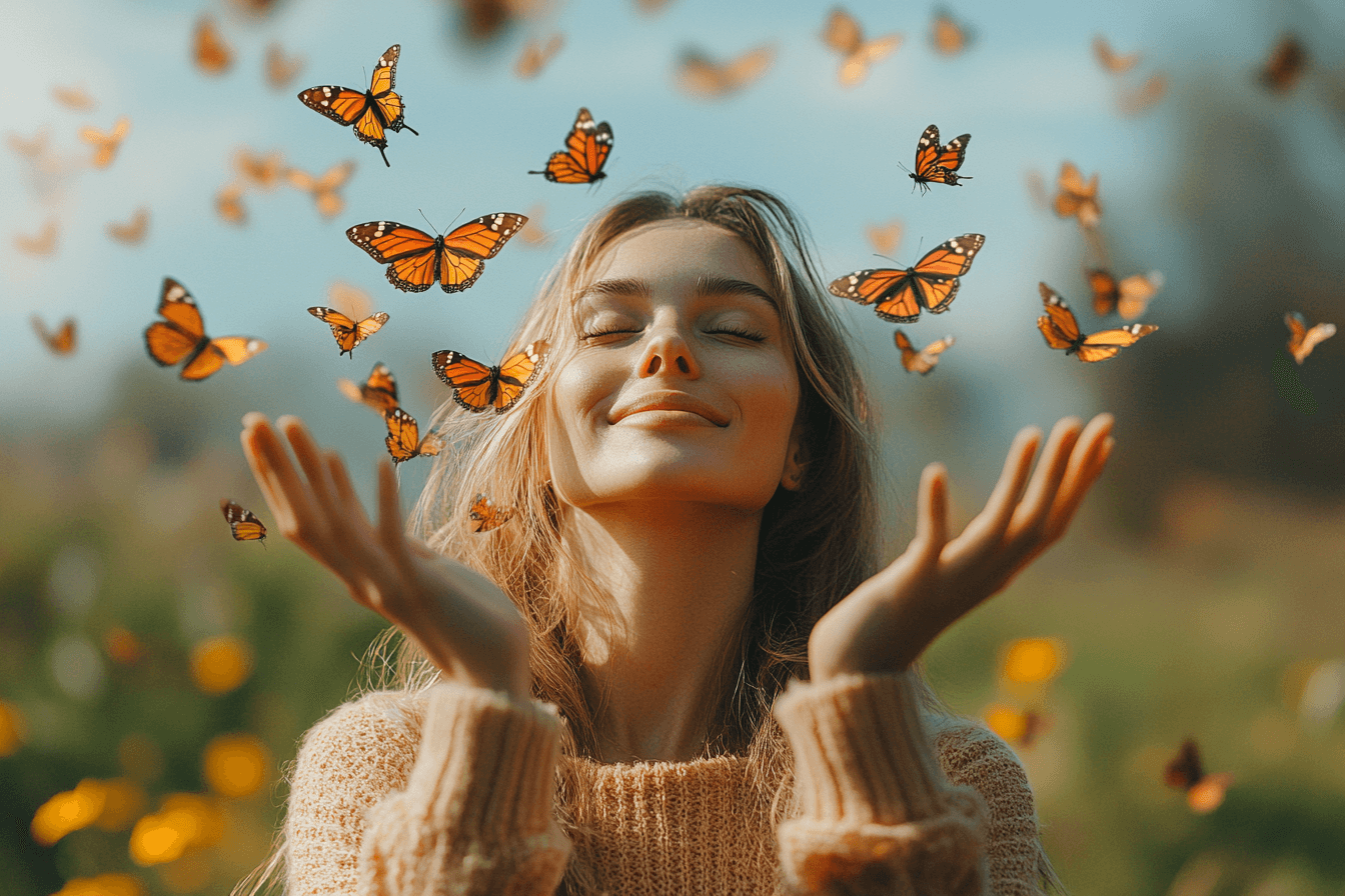 A woman lifts butterflies in her hands, celebrating their grace and the joy of nature.