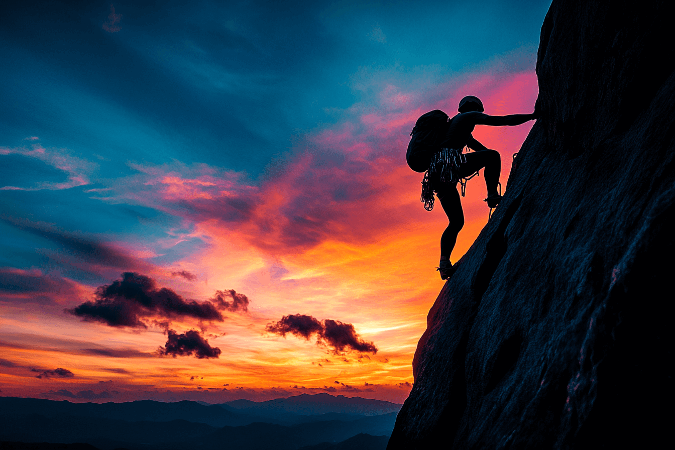 A silhouette of a man scaling a rock as the sun sets, casting warm colors across the sky.