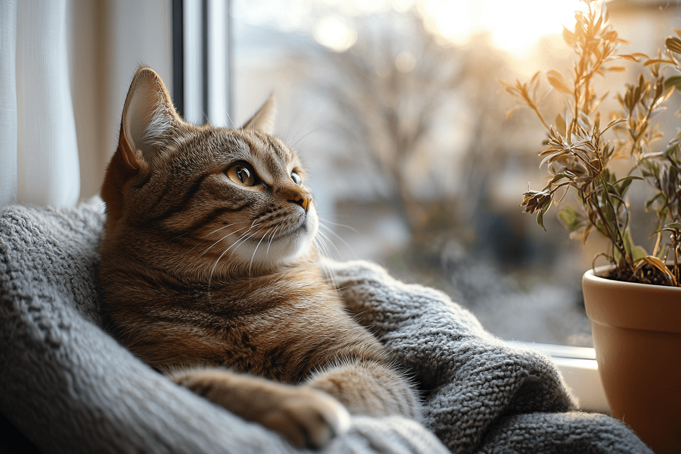 A cat sits on a cozy blanket, gazing out the window with curiosity.