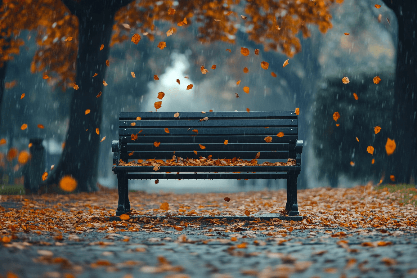 Autumn leaves fall on a wet bench as rain creates a serene, colorful scene in the park.