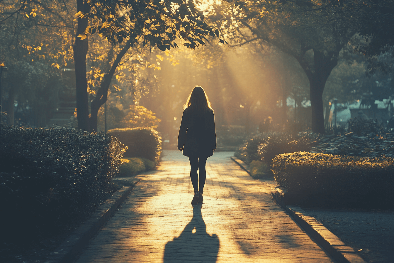 A woman walks on a sunny path, with sunlight filtering through trees.