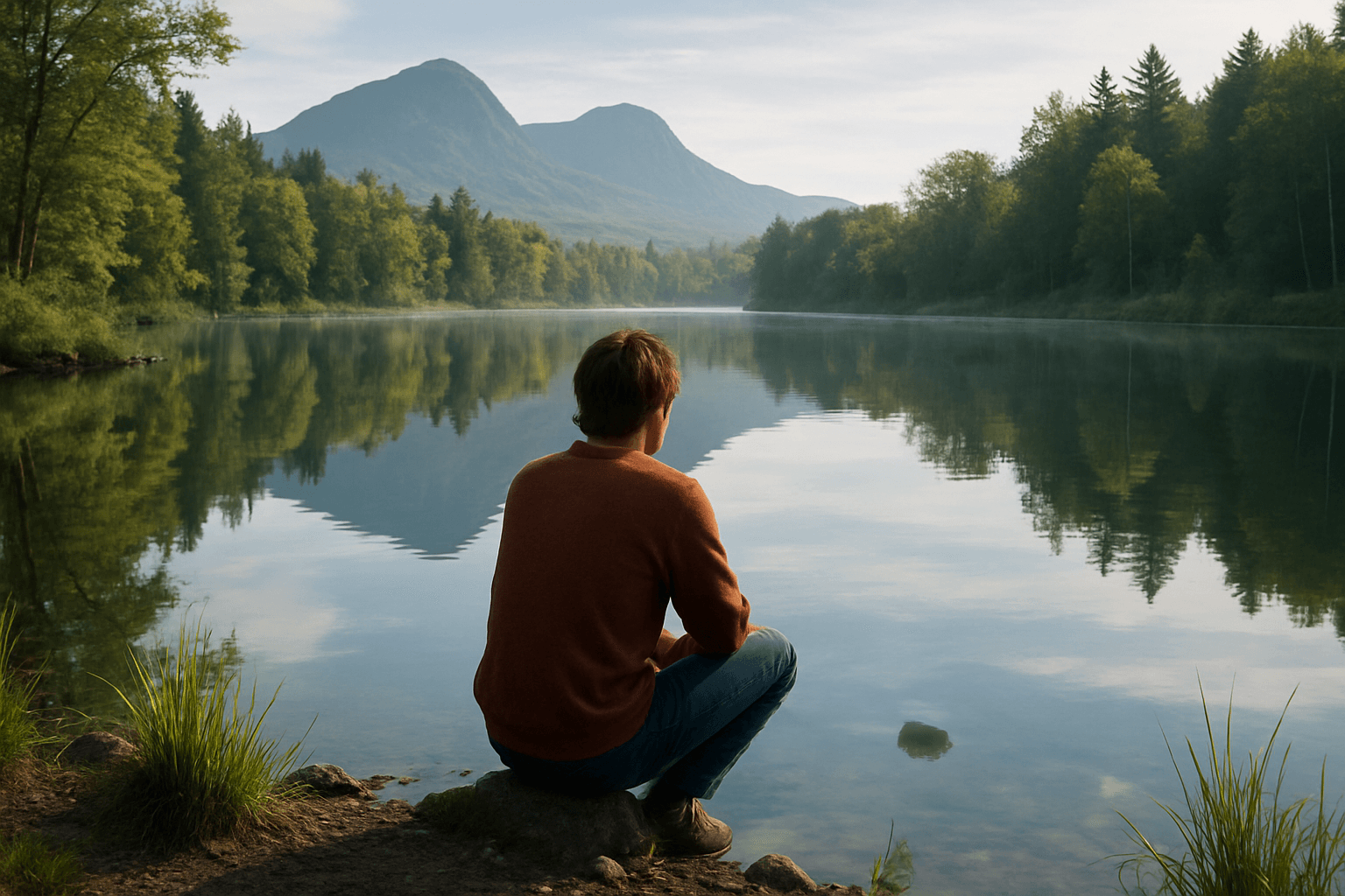 A man sits by a lake, gazing at the mountains in the distance under a clear blue sky.
