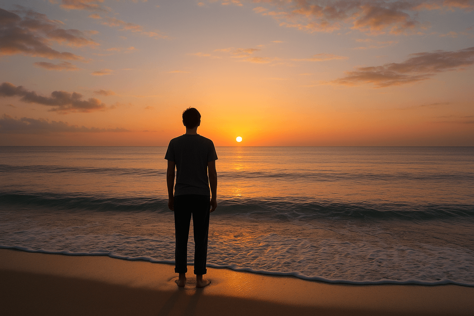 A man stands on the beach, silhouetted against a vibrant sunset sky.
