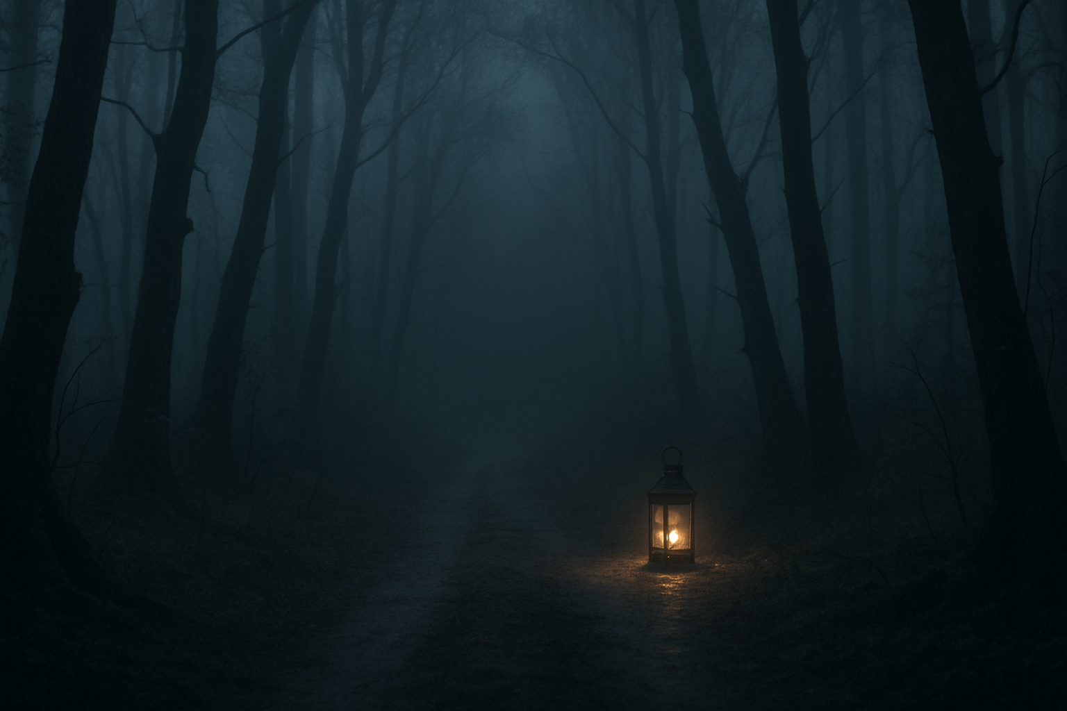 A glowing lantern illuminates a dark forest, casting soft light among the trees.