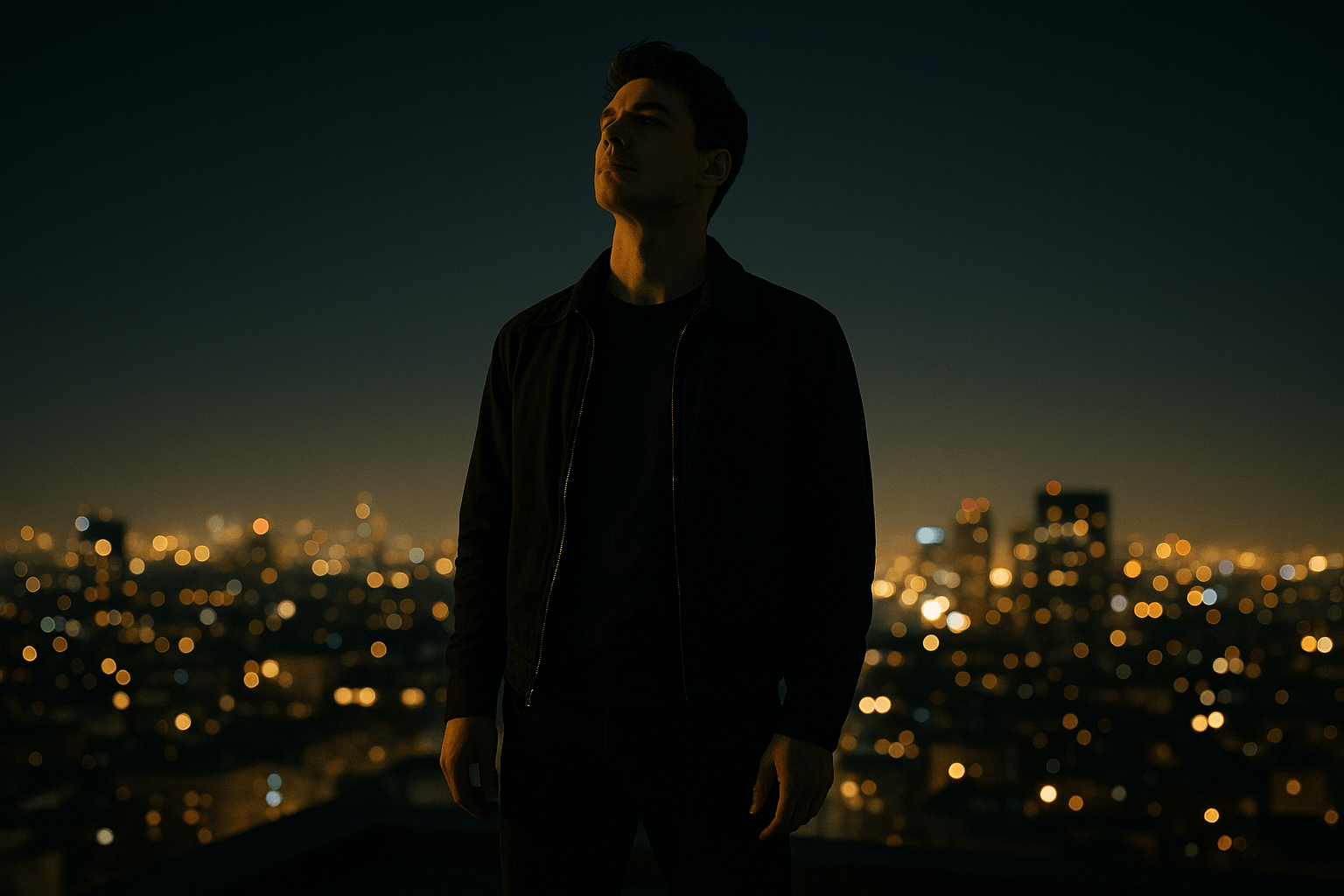 A person standing on a rooftop at night, city lights glowing behind them, head held high