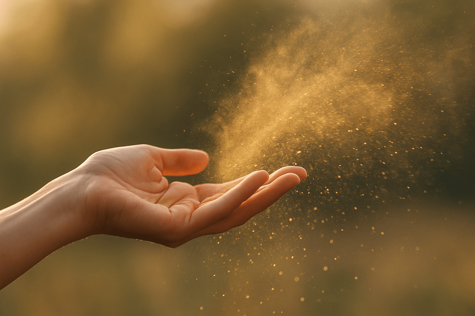 A hand holds a handful of sand, with grains slipping through fingers against a blurred background.