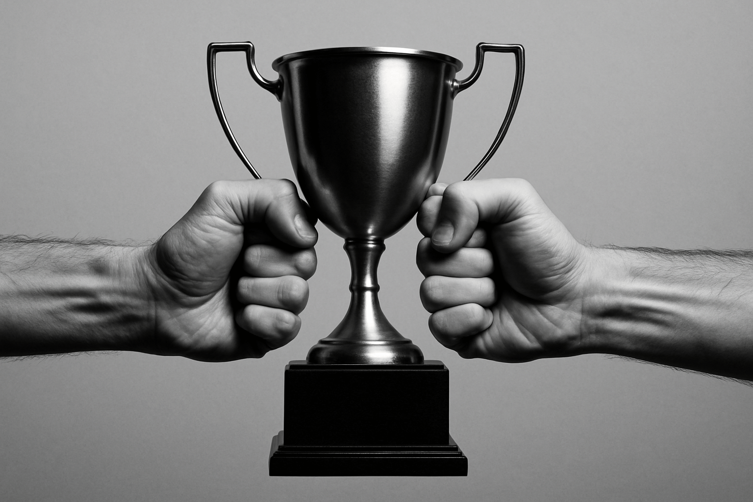 A trophy held by two hands, set against a gray background.