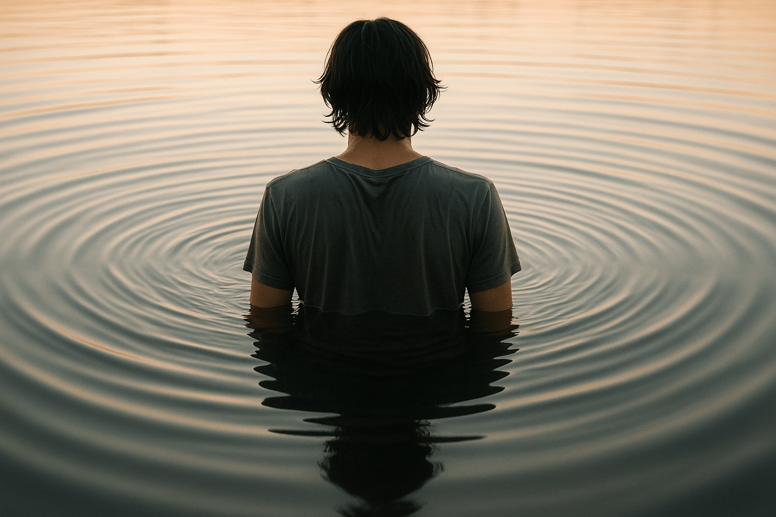 A man is positioned in the center of a lake, with gentle ripples spreading around him.