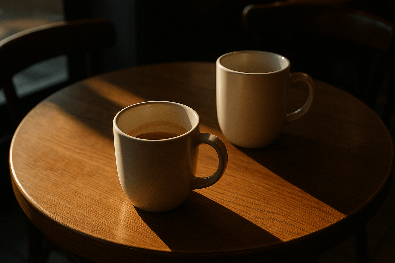 Two coffee cups placed on a wooden table, one cup slightly larger than the other.