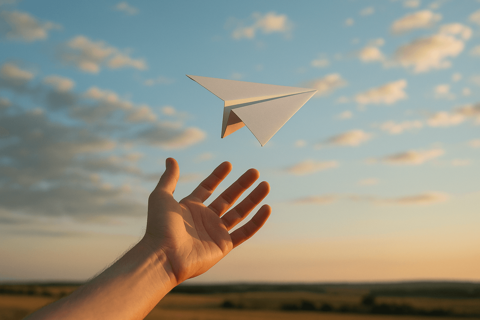A person's hand extends towards a paper airplane, capturing a moment of curiosity and imagination.