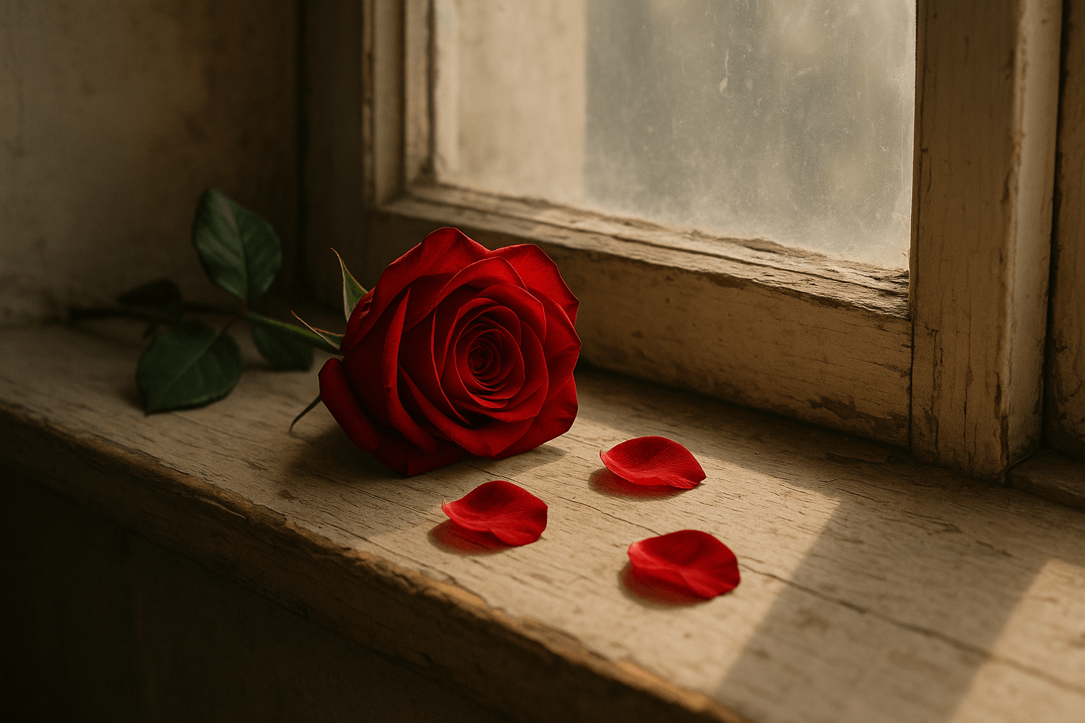 A single red rose rests on a sunlit window sill, casting a soft shadow on the surface beneath it.